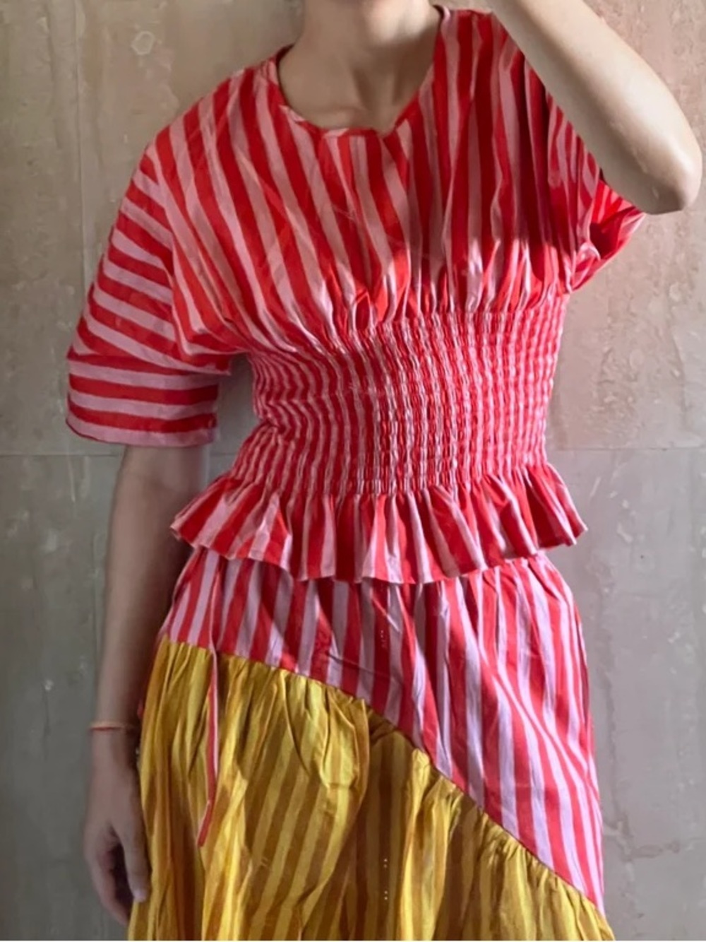 Red Striped Smocked Waist Peplum Tunic Top
